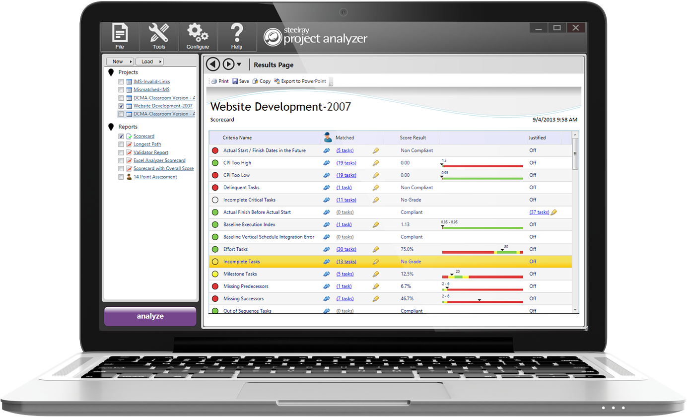 Site analyzer. Project Analysis. Steelray. DCMA 14-point Schedule Assessment. Steelray Project viewer.